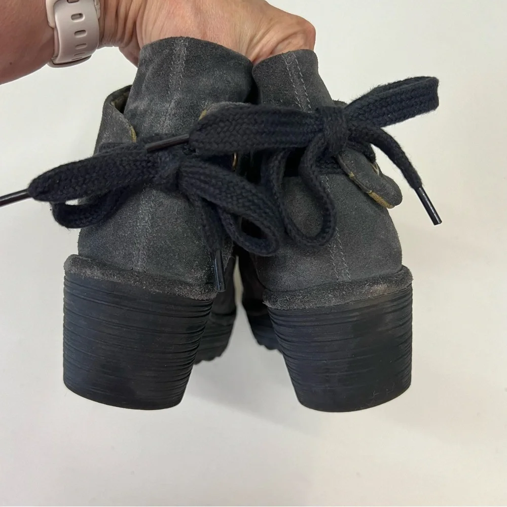 Fly London Yama Wrap Gray Suede Wedge Booties‎ Size 40